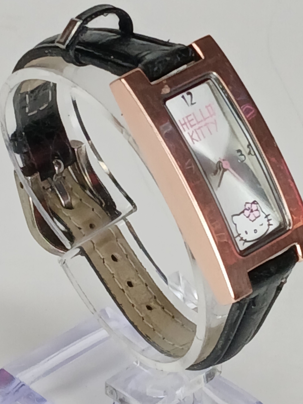 Hello Kitty Rose Gold Tone Rectangular Women's Watch - Black Strap
